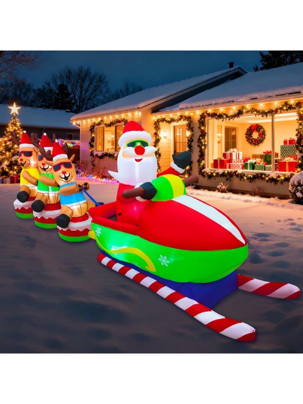 Giant 12FT Christmas Inflatable Santa with Reindeer & LEDs - Outdoor Holiday